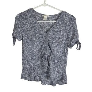 HM Womens Blue White Botanical Leaf Ruched Front V-Neck Blouse Top Size 4
